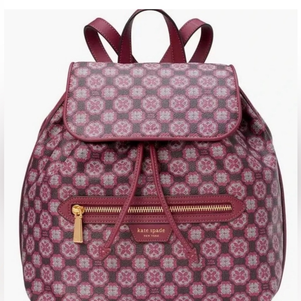 Kate Spade Monogram Flower Mia Medium Flap Backpack in Garnet Rose NWT - Picture 6 of 6